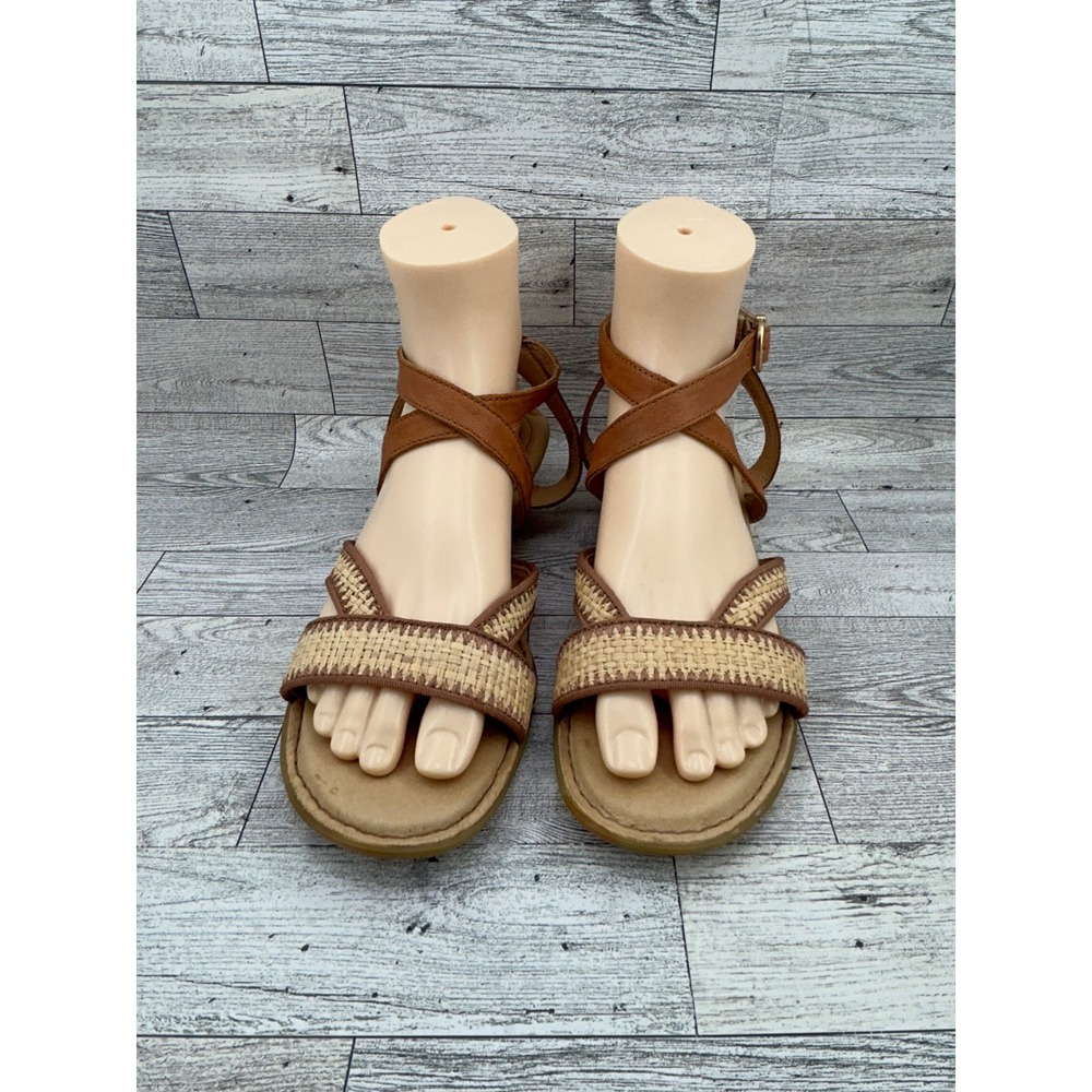 Born Sandals Women's 9M Leather‎ Brown Woven Strappy Ankle Strap Wedge Casual